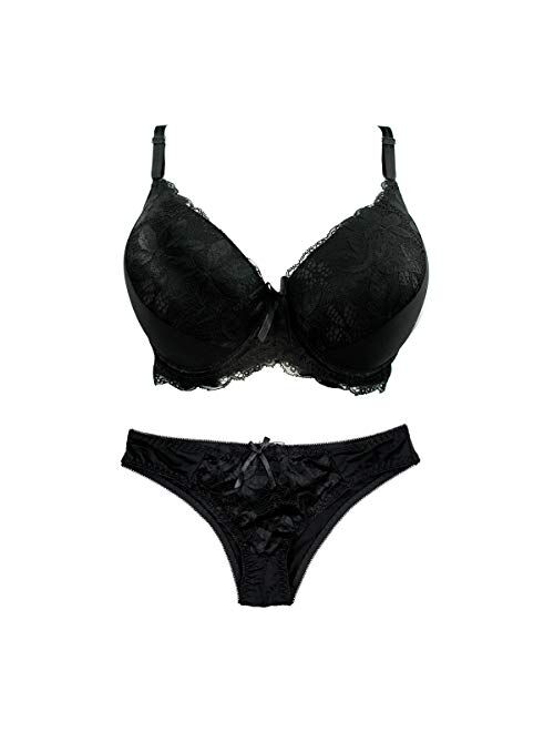 Push Up Bra and Panty Sets for Women Full-Coverage Undrewire Bra Lace Lingeries Sets Everyday Bras 34B-46DD Cup