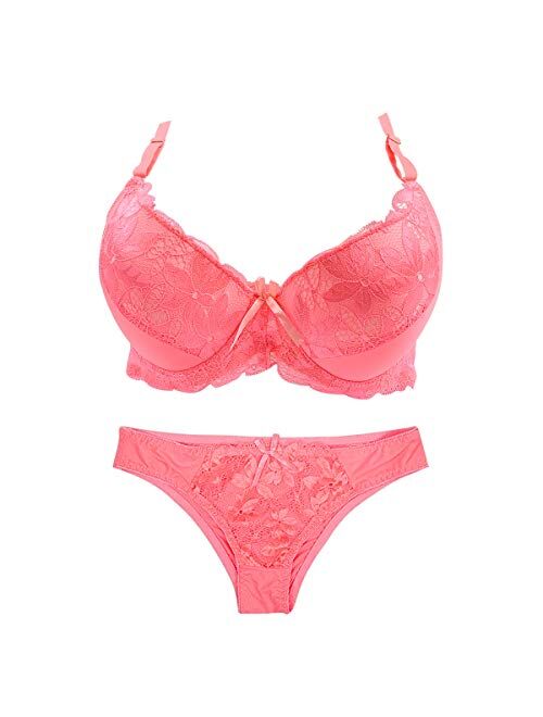 Push Up Bra and Panty Sets for Women Full-Coverage Undrewire Bra Lace Lingeries Sets Everyday Bras 34B-46DD Cup