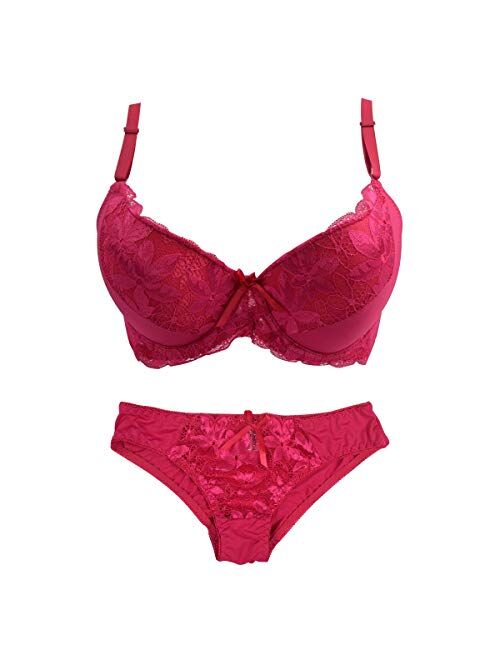 Push Up Bra and Panty Sets for Women Full-Coverage Undrewire Bra Lace Lingeries Sets Everyday Bras 34B-46DD Cup