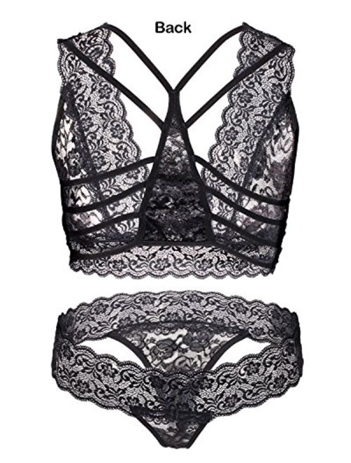 ETAOLINE Women's Sexy Lingerie Floral Lace Sheer See Through Underwear Bra Panty Set