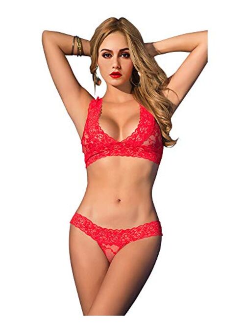 ETAOLINE Women's Sexy Lingerie Floral Lace Sheer See Through Underwear Bra Panty Set