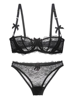 Women Sheer Lace Bra and Panty Set Underwire Push Up Soft Lingerie Set