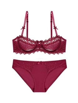 Women Sheer Lace Bra and Panty Set Underwire Push Up Soft Lingerie Set