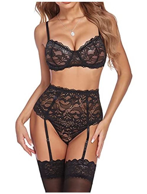 Avidlove Women Lingerie Set High Waisted Underwire Lingerie with Garter Belt Lace Babydoll