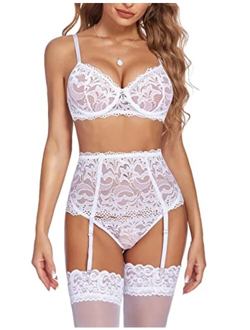 Avidlove Women Lingerie Set High Waisted Underwire Lingerie with Garter Belt Lace Babydoll