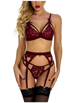 RSLOVE Women Lingerie Sets with Garter Belt 3 Piece Lace Teddy Babydoll Sexy Bodysuit