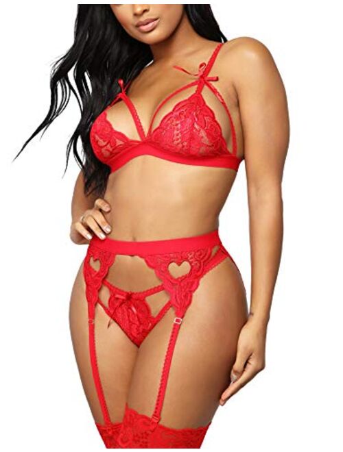 RSLOVE Women Lingerie Sets with Garter Belt 3 Piece Lace Teddy Babydoll Sexy Bodysuit