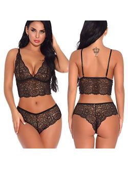 Lziizl Women Sexy Lace Bra and Panty Set Bralette Lingerie 2 Piece Babydoll Bodysuit S-XXL