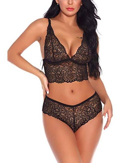 Lziizl Women Sexy Lace Bra and Panty Set Bralette Lingerie 2 Piece Babydoll Bodysuit S-XXL