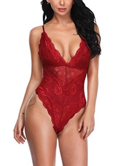 Aranmei Women Deep V Sexy Lace Bodysuit Snap Crotch Lingerie Teddy Underwear