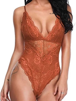 Aranmei Women Deep V Sexy Lace Bodysuit Snap Crotch Lingerie Teddy Underwear