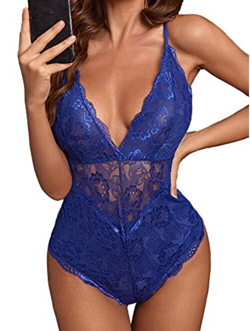 Aranmei Women Deep V Sexy Lace Bodysuit Snap Crotch Lingerie Teddy Underwear