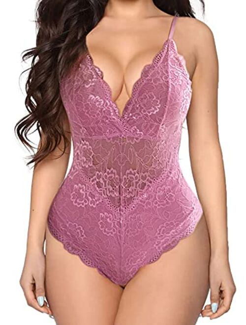 Aranmei Women Deep V Sexy Lace Bodysuit Snap Crotch Lingerie Teddy Underwear