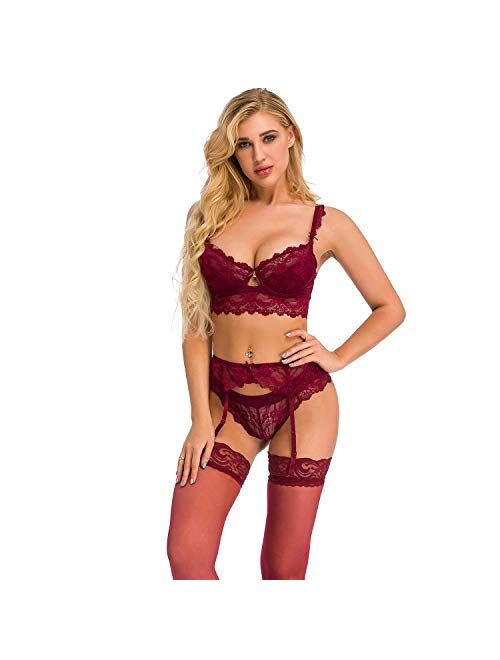 3 Pieces Sheer Babydoll Underwear Lace Bra And Panty Set，Women's Exotic  Bodysuit Garter Lingerie Set, Push Up Bra and Panty 3 Piece Set Sexy Lace Baby  Dolls Lingerie Set 
