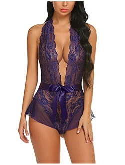 Women Lingerie Lace Halter Teddy Bodysuit Deep Plunge Babydoll Nightwear