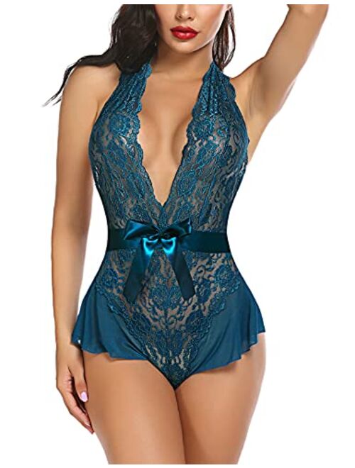 Avidlove Women Lingerie Lace Halter Teddy Bodysuit Deep Plunge Babydoll Nightwear