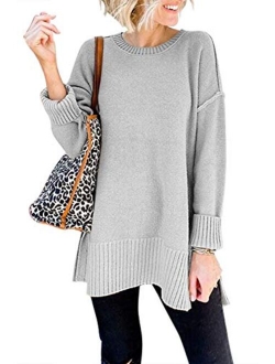 Women's Casual Crew Neck Side Split Pullover Sweater Loose Long Sleeve Jumper Top