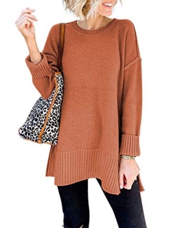 Women's Casual Crew Neck Side Split Pullover Sweater Loose Long Sleeve Jumper Top