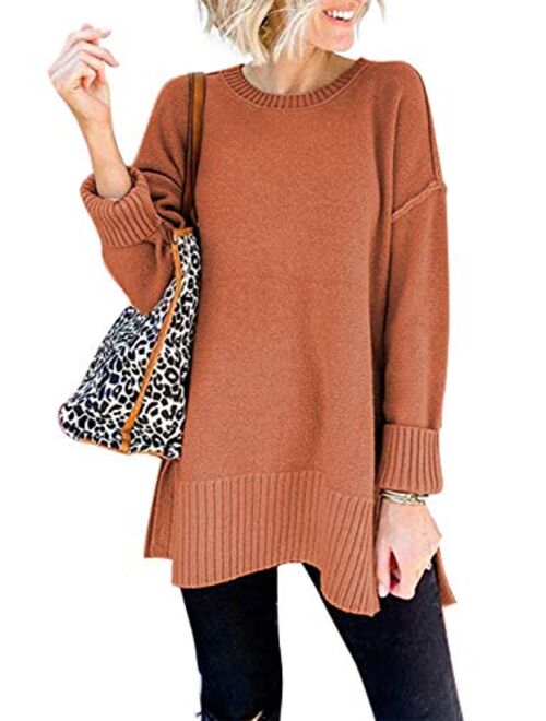 MEROKEETY Women's Casual Crew Neck Side Split Pullover Sweater Loose Long Sleeve Jumper Top