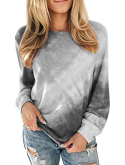 Women's Casual Color Block Tie Dye Crewneck Long Sleeve Loose Pullover Sweatshirt Tops