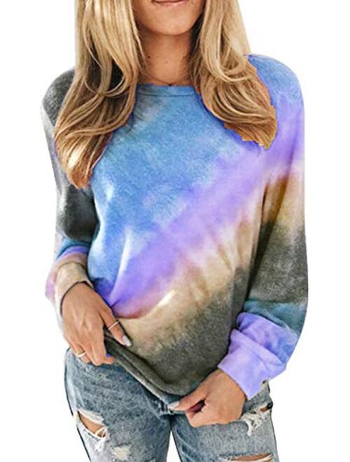 Women's Casual Color Block Tie Dye Crewneck Long Sleeve Loose Pullover Sweatshirt Tops