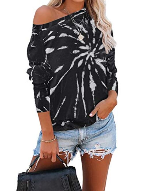 Women's Casual Color Block Tie Dye Crewneck Long Sleeve Loose Pullover Sweatshirt Tops