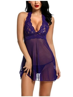 Women Lingerie Halter Chemise Lace Babydoll Mesh Nightwear V Neck Teddy