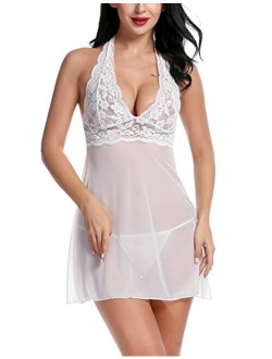 Women Lingerie Halter Chemise Lace Babydoll Mesh Nightwear V Neck Teddy