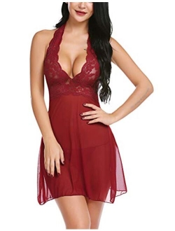 Women Lingerie Halter Chemise Lace Babydoll Mesh Nightwear V Neck Teddy