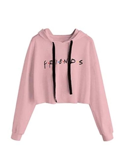 Idepet Womens Casual Friends Letters Print Crop Top Loose Pullover Friends Shirt Teen Girl TV Show Hoodie Sweatshirt