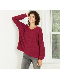 Women's Crewneck Chenille Pullover Sweater with Pointelle Sleeves - Knox Rose