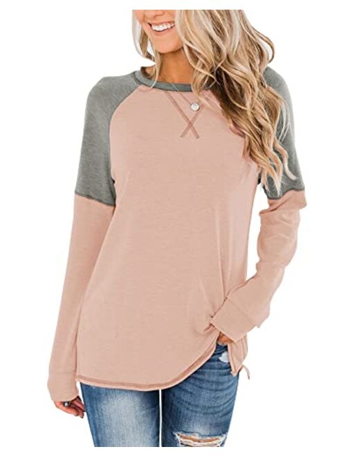 Bingerlily Women's Casual Long Sleeve Tunic Tops Crew Neck Color Block Blouses