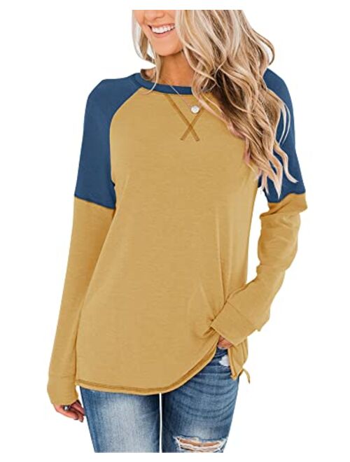 Bingerlily Women's Casual Long Sleeve Tunic Tops Crew Neck Color Block Blouses