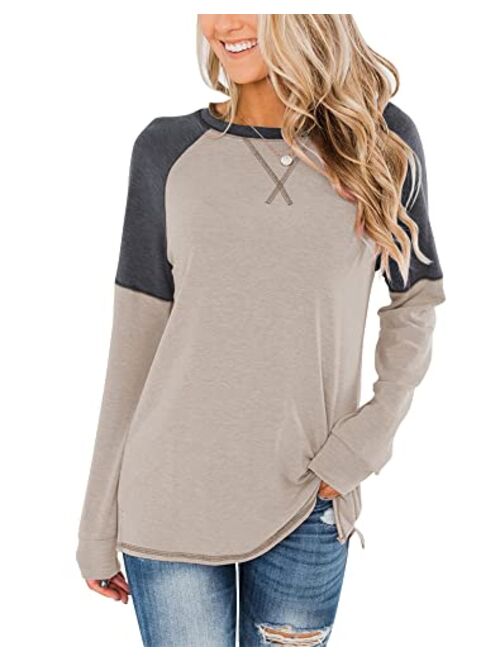 Bingerlily Women's Casual Long Sleeve Tunic Tops Crew Neck Color Block Blouses