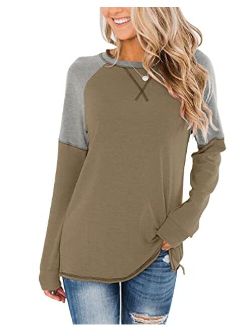 Bingerlily Women's Casual Long Sleeve Tunic Tops Crew Neck Color Block Blouses