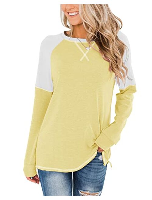 Bingerlily Women's Casual Long Sleeve Tunic Tops Crew Neck Color Block Blouses