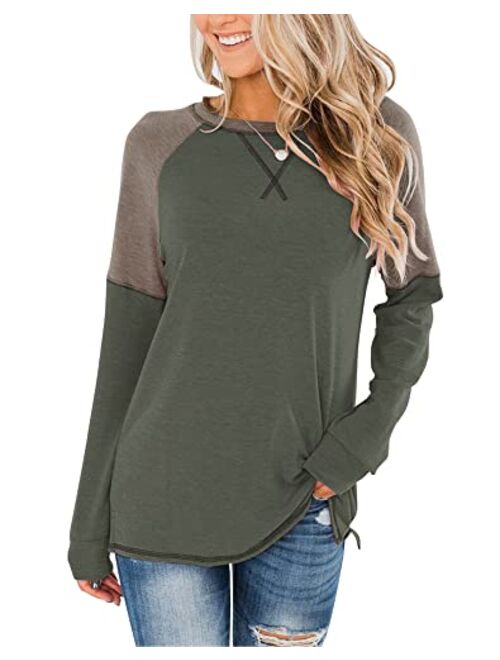 Bingerlily Women's Casual Long Sleeve Tunic Tops Crew Neck Color Block Blouses