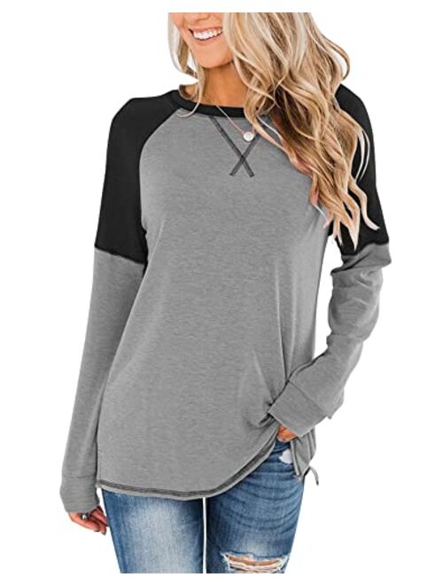 Bingerlily Women's Casual Long Sleeve Tunic Tops Crew Neck Color Block Blouses