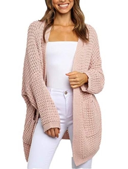 MissyLife Women's Solid Color Casual Knit Sweater Coat Slouchy Long Sleeves Open Front Cardigan Outerwear with Pockets