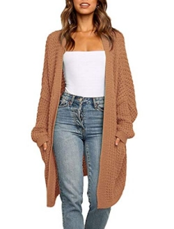 MissyLife Women's Solid Color Casual Knit Sweater Coat Slouchy Long Sleeves Open Front Cardigan Outerwear with Pockets