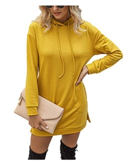 Kirundo Womens 2020 Winter Long Sleeves Sweatshirt Dress Solid Color Hoodie Drawstring Belt Long Pullover with Side Pockets