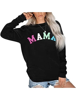 Mama Sweatshirt Women Leopard Print Embroidery Mom Life Pullover Top Casual Long Sleeve Blouse Tee