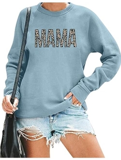 Mama Sweatshirt Women Leopard Print Embroidery Mom Life Pullover Top Casual Long Sleeve Blouse Tee