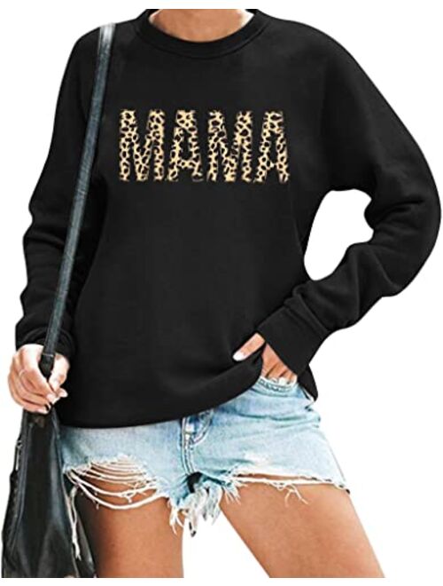 Mama Sweatshirt Women Leopard Print Embroidery Mom Life Pullover Top Casual Long Sleeve Blouse Tee