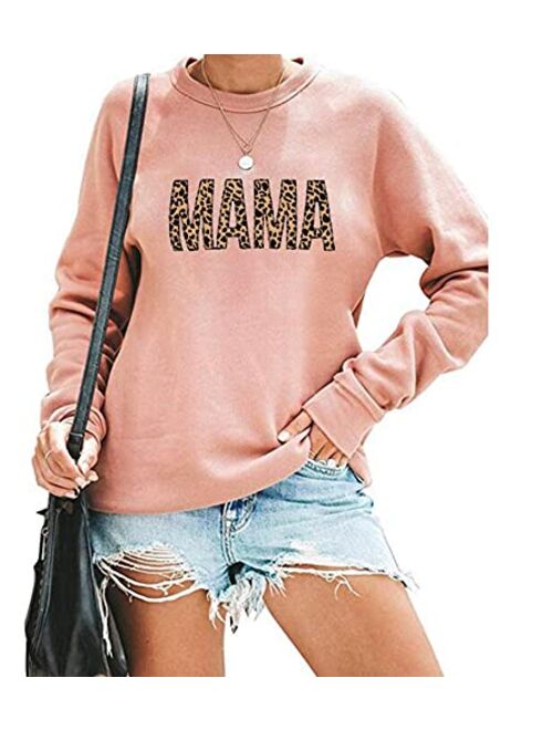 Mama Sweatshirt Women Leopard Print Embroidery Mom Life Pullover Top Casual Long Sleeve Blouse Tee