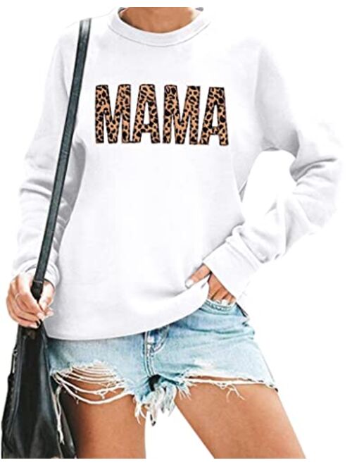 Mama Sweatshirt Women Leopard Print Embroidery Mom Life Pullover Top Casual Long Sleeve Blouse Tee