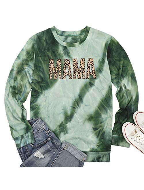 Mama Sweatshirt Women Leopard Print Embroidery Mom Life Pullover Top Casual Long Sleeve Blouse Tee