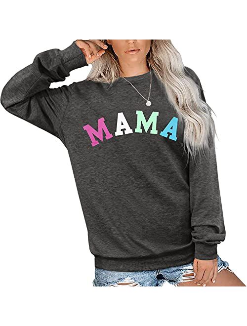 Mama Sweatshirt Women Leopard Print Embroidery Mom Life Pullover Top Casual Long Sleeve Blouse Tee