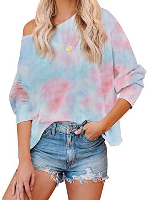 Actloe Women Tie Dye Sweatshirt Casual Top Long Sleeve Ombre Printed Shirts Color Block Pullovers