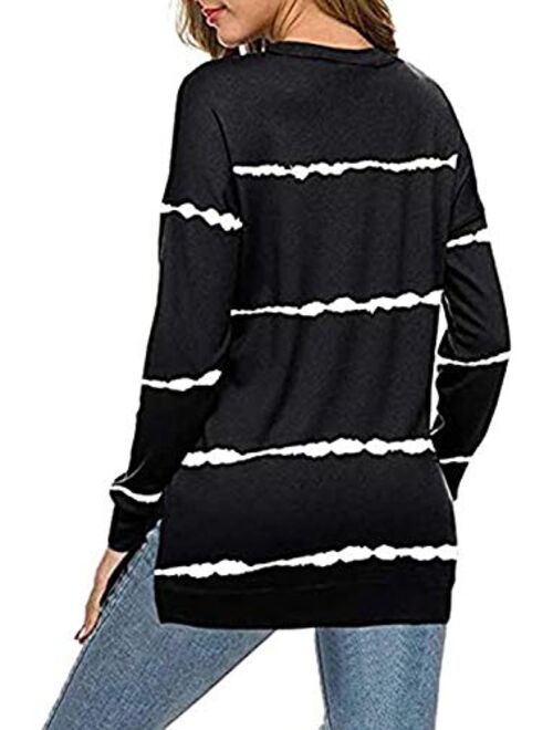 Biucly Womens Casual Crewneck Tie Dye Sweatshirt Striped Printed Loose Soft Long Sleeve Pullover Tops Shirts